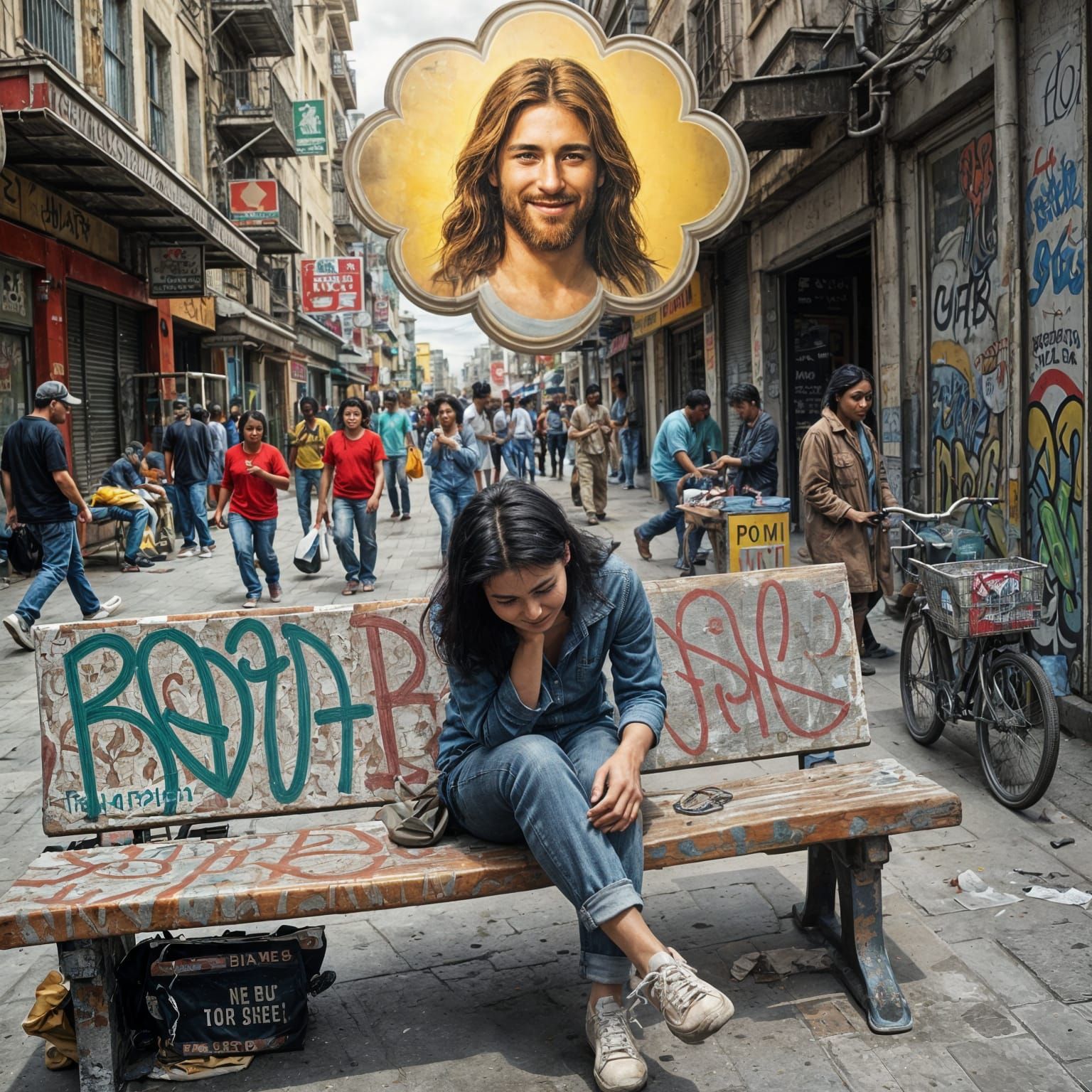 Woman on Sidewalk Bench Contemplates Smiling Jesus