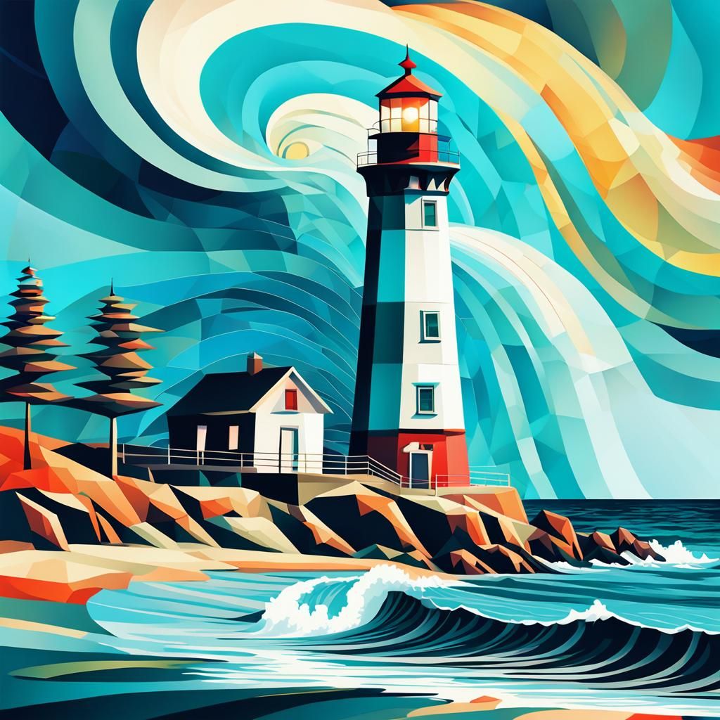 Abstract Lighthouse on Beach, Geometric Fauvism Style