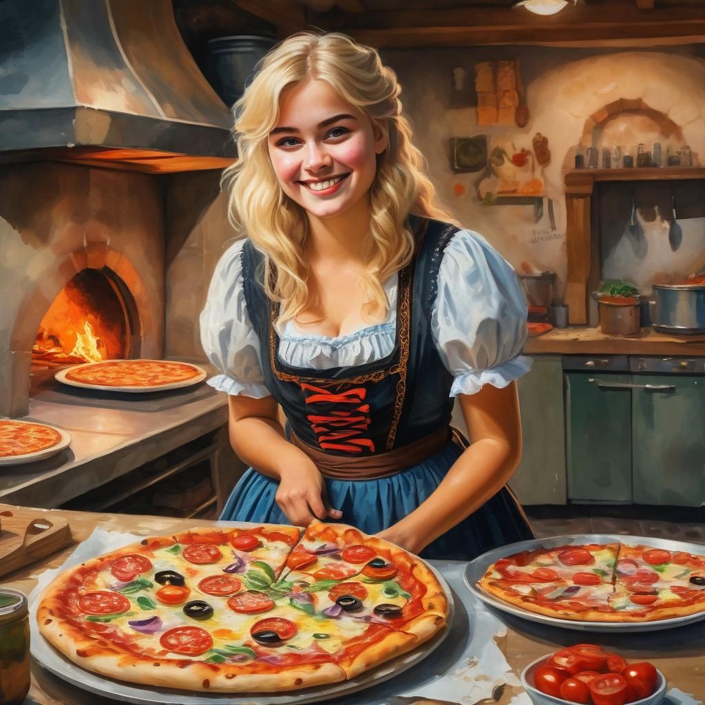 Voluptuous Blonde in Pizza Kitchen, Gouache Style