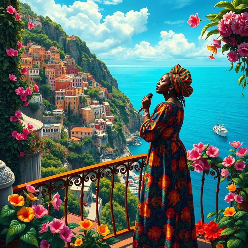 Surreal Reggae Icon Sings in Vibrant Positano Landscape