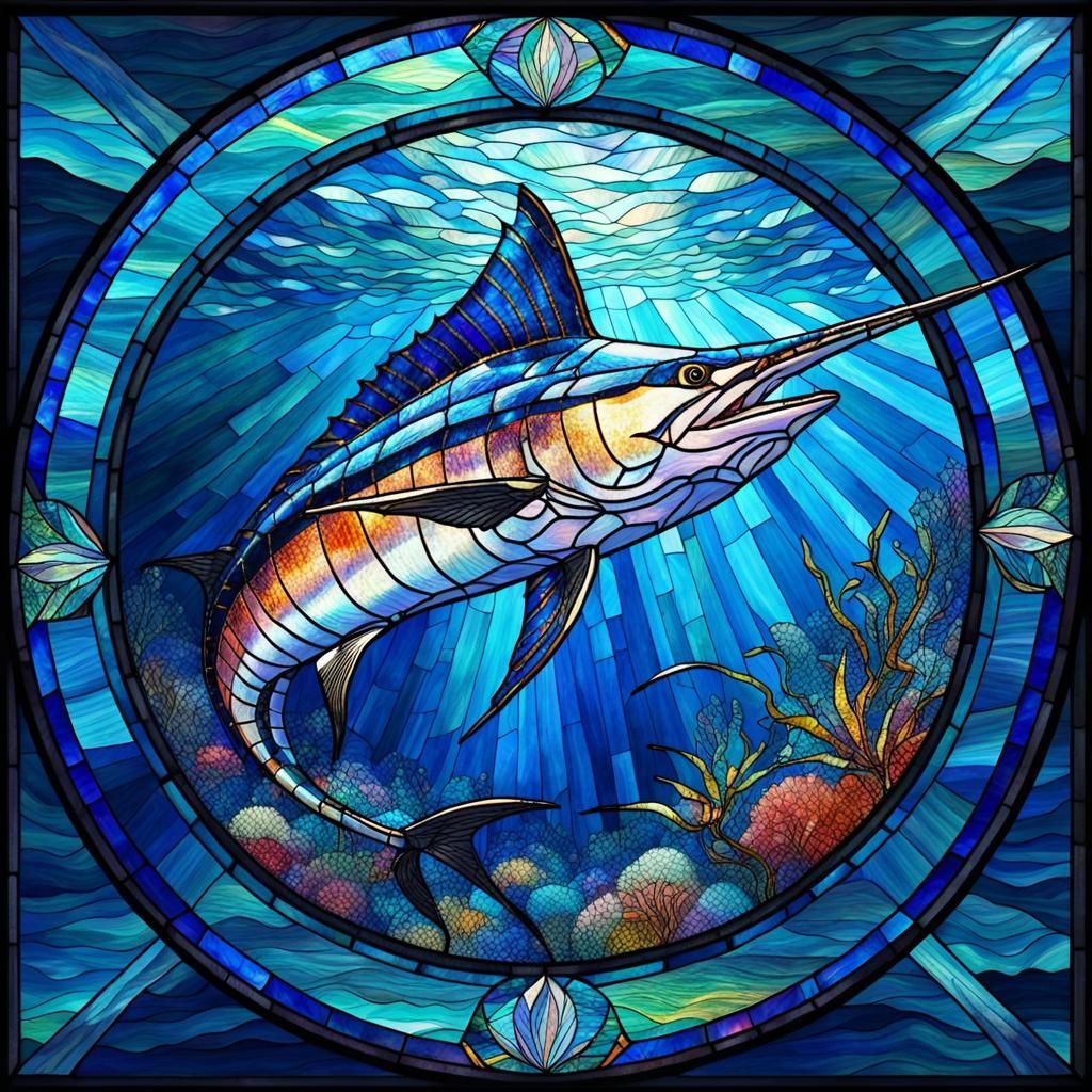 Marine Mosaic: Blue Stripped Marlin with Trident tail fin