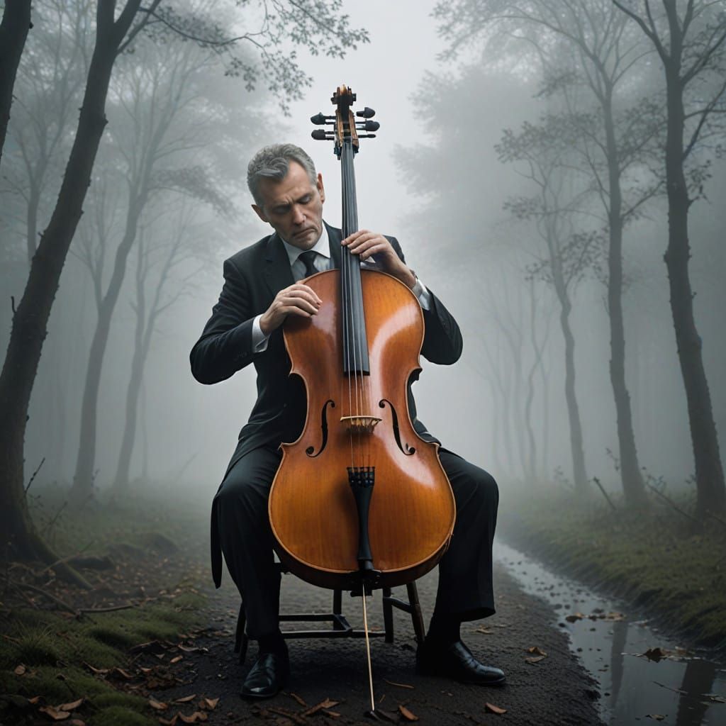 Polish Cellist Lost in Enchanting Misty Landscape