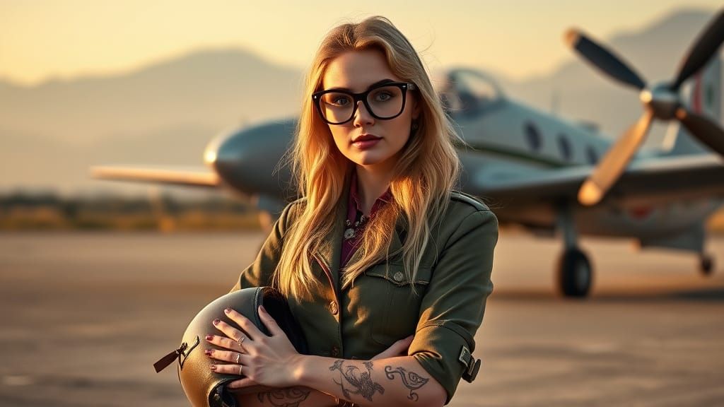 Retro Pilot Fashion Editorial: Woman on Airfield at Dawn