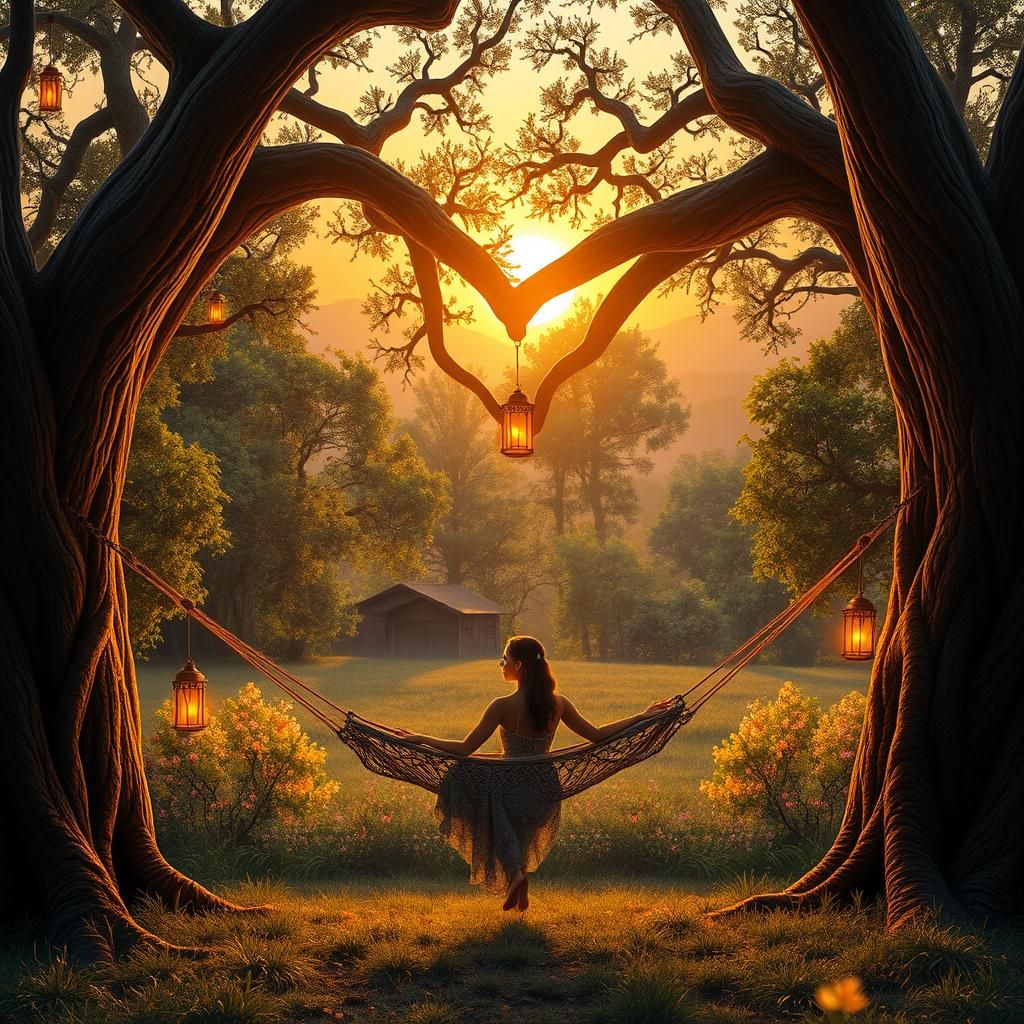 Heart Trees Hammock at Sunset in Surreal Style
