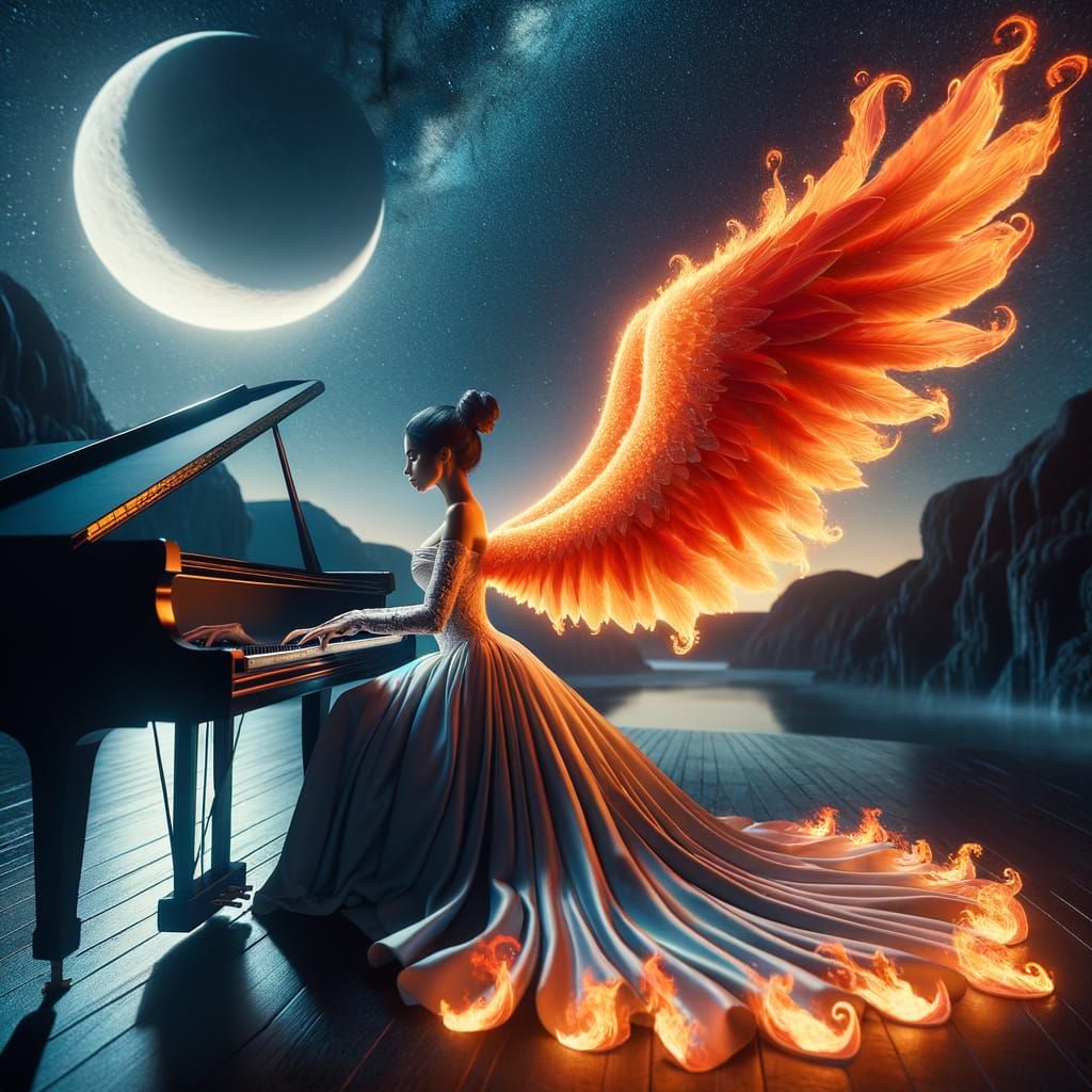 Hispanic Woman Plays Piano on Moonlit Crescent