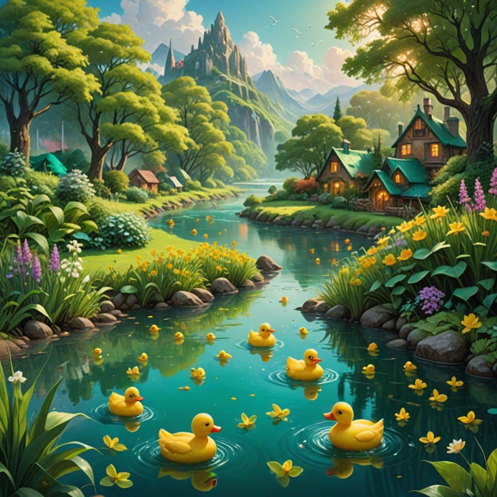 Whimsical Emerald Fantasy Scene with Rubber Ducks