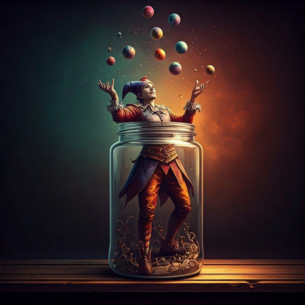 Jester's Whirlwind of Colorful Charms in a Glass Jar