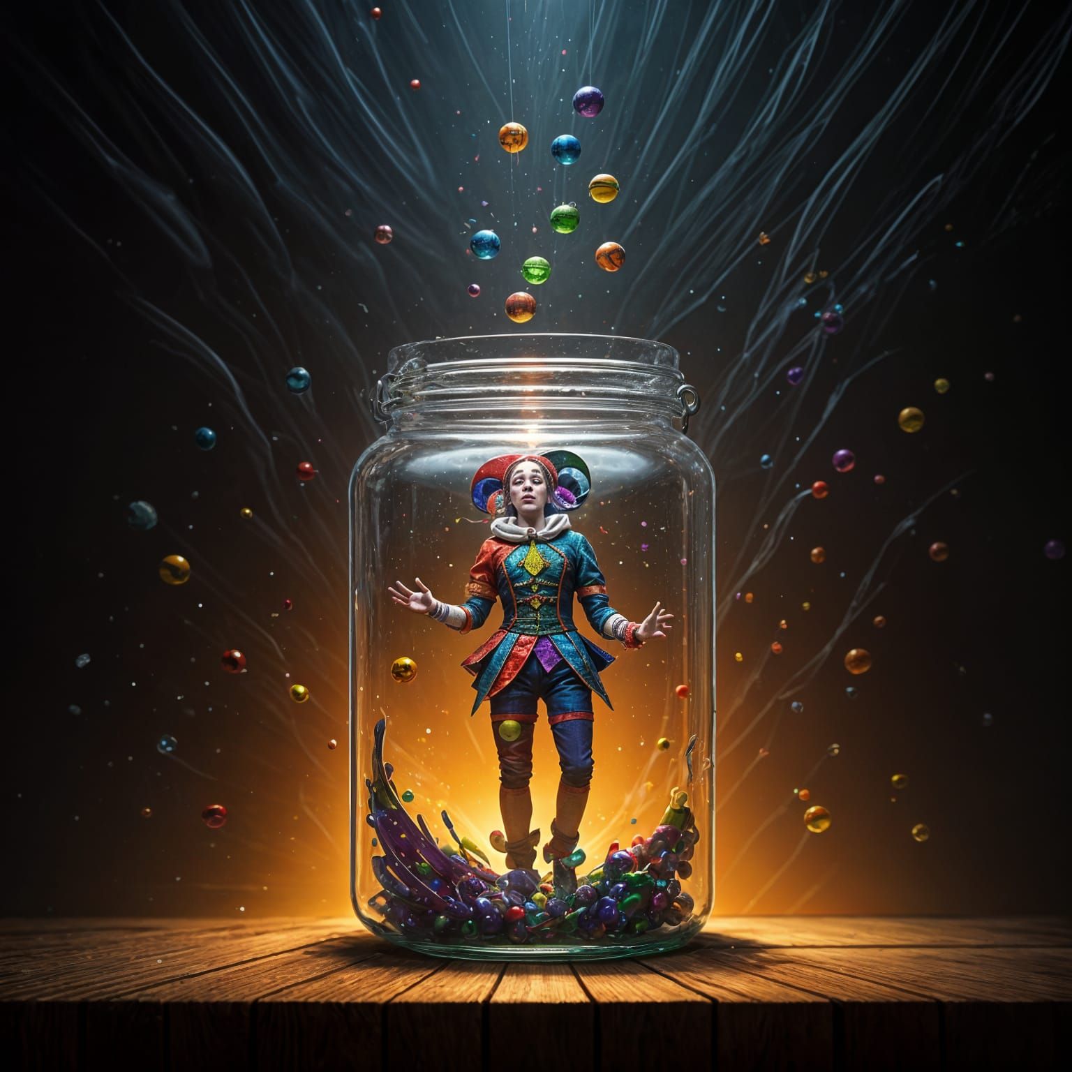 Jester's Colorful Chaos in a Glass Jar