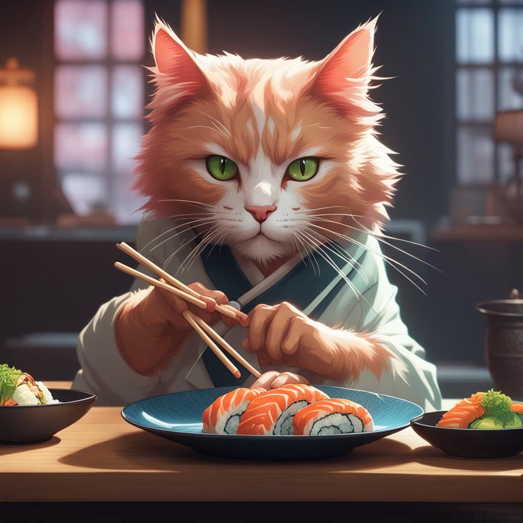 Cat Enjoys Sushi: Hyperdetailed Digital Art Portrait