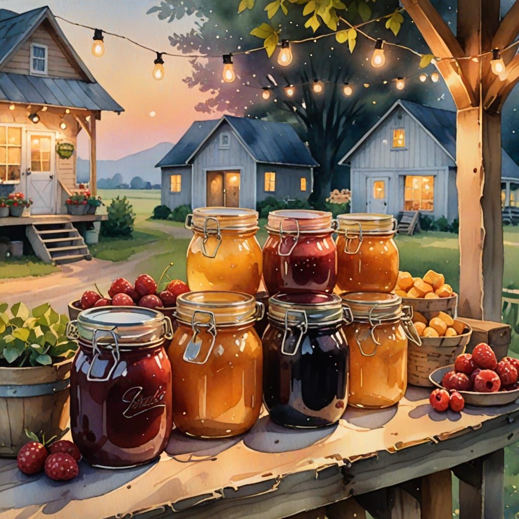 Watercolor Farm Stand at Dusk with String Lights