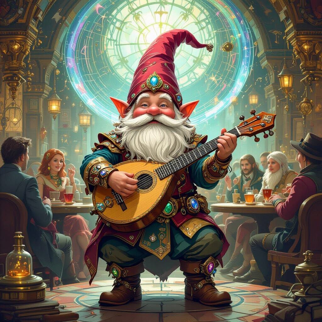 Time-Traveling Gnome Bard in Art Deco Tavern