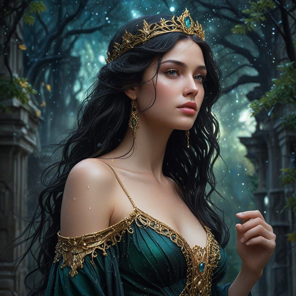 Serene Goddess Amidst Ruin in Radiant Oil Painting Style