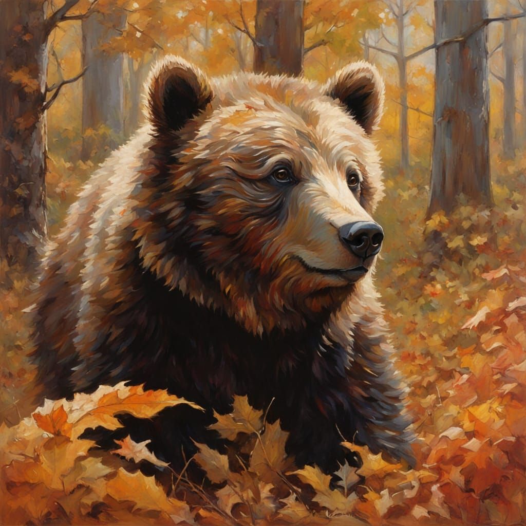 Adorable Fluffy Bear Cub Plays in Autumn Forest