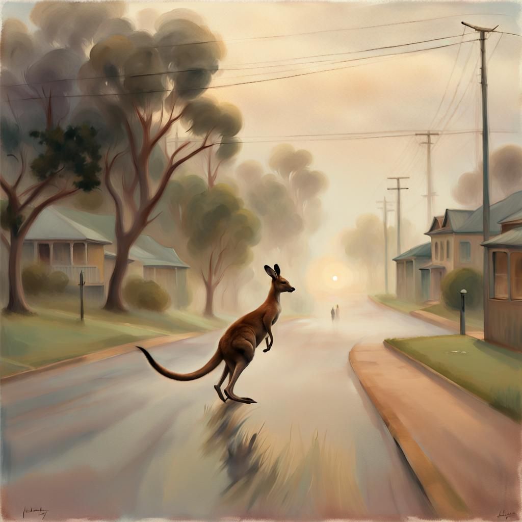 Kangaroo in Misty Sydney Suburb: Tonalist Painting