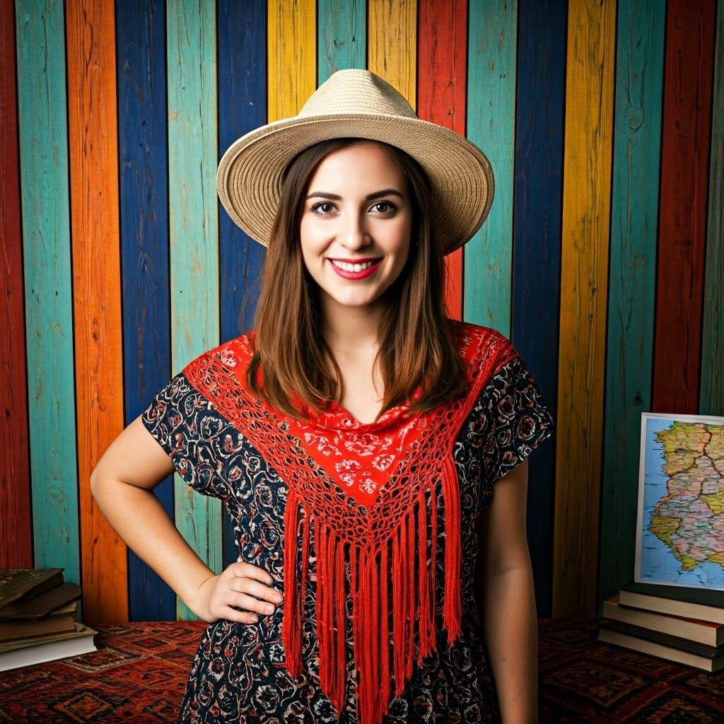 Woman in Spanish Dress with Travel Theme