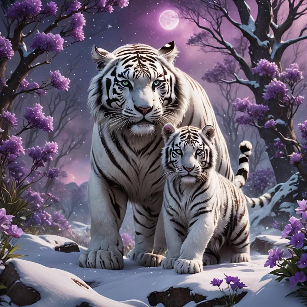 White Tiger and Bear Cub in Aurora Snowscape