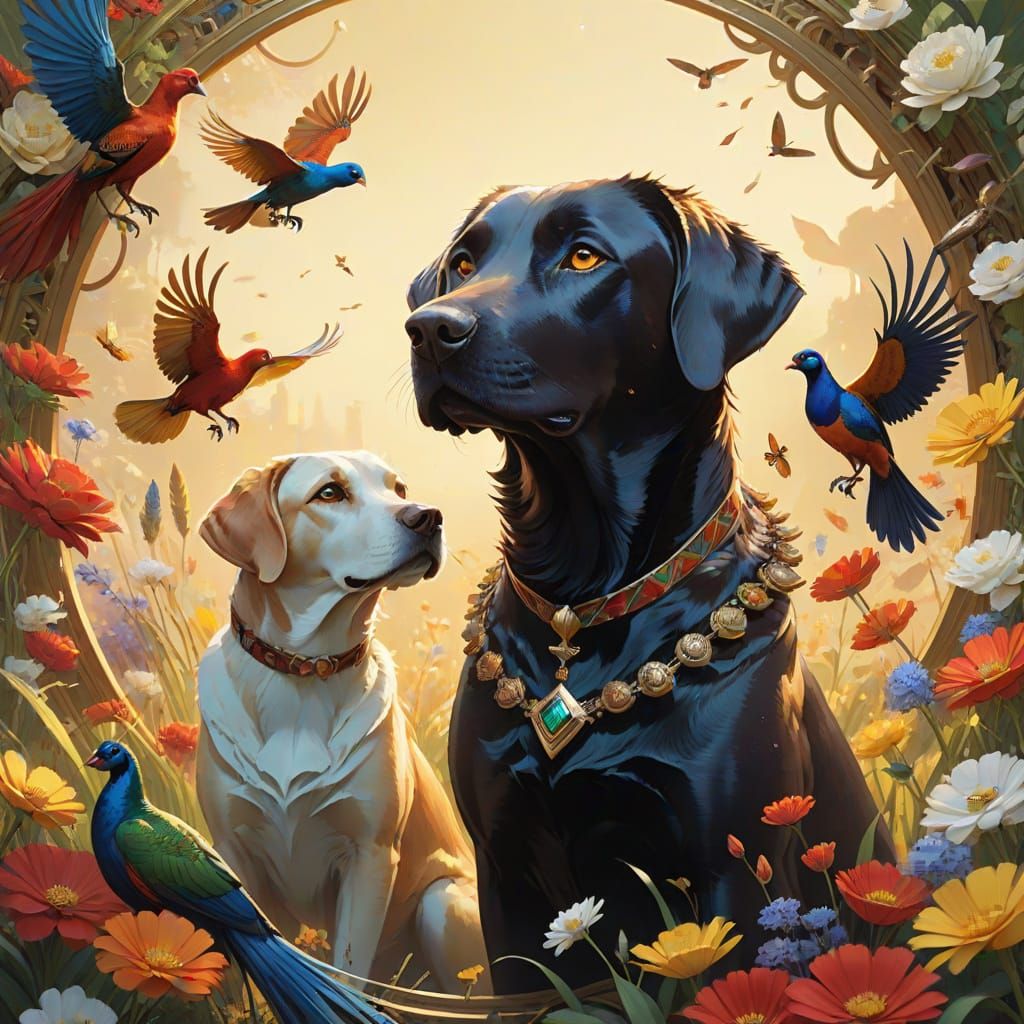Whimsical Labradors in a Floral Wonderland