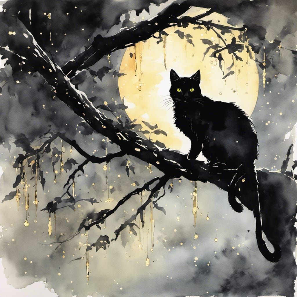 Black Cat in Firefly Night, Watercolor Art