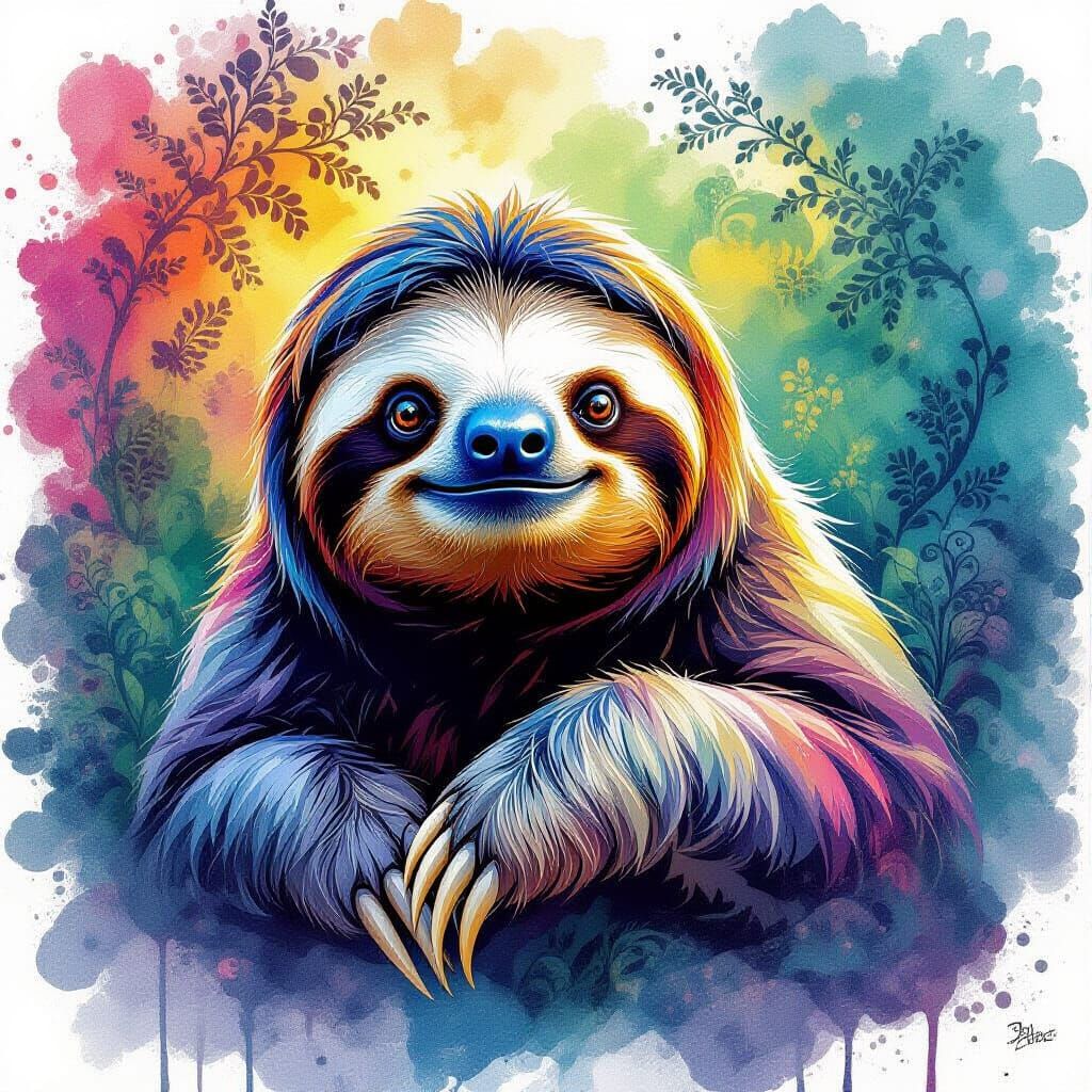 Expressive Watercolor Sloth with Zentangle Details