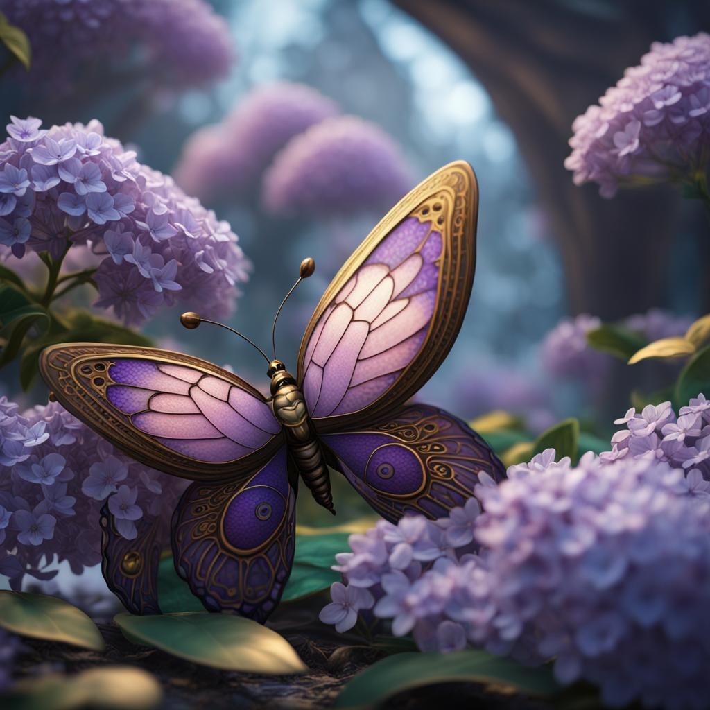 Cloisonne Butterfly and Lilac in Detailed Matte Painting