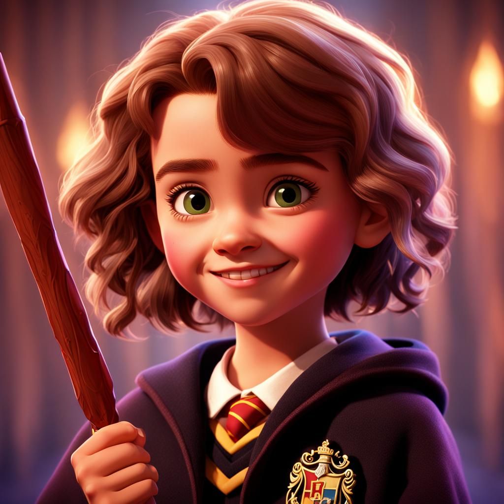 Smiling Hermione with Magic Wand, 3D Digital Art