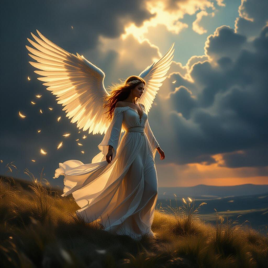 Angel in Stormy Landscape with Golden Light
