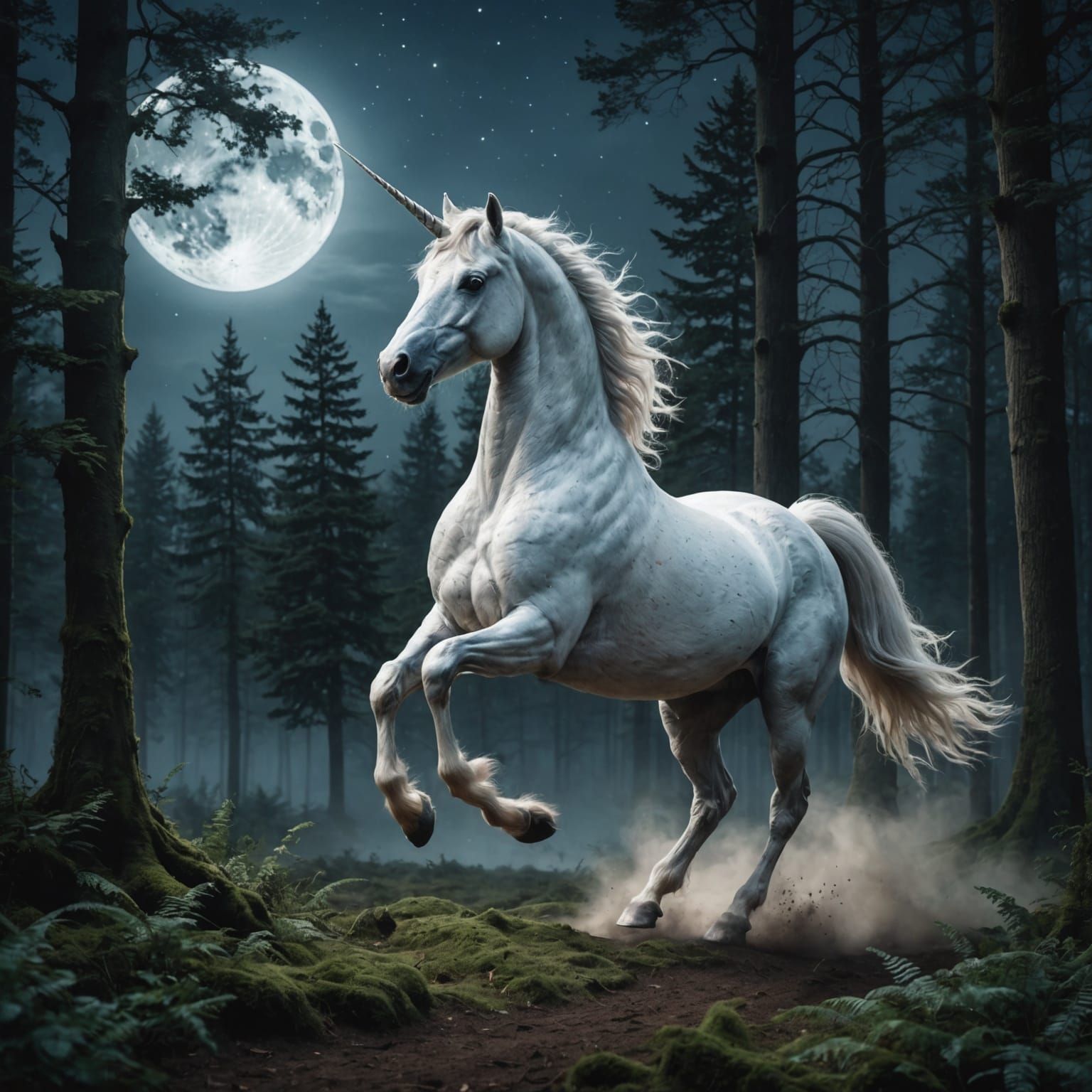 Unicorn Galloping Through Mystical Forest Under Moonlight