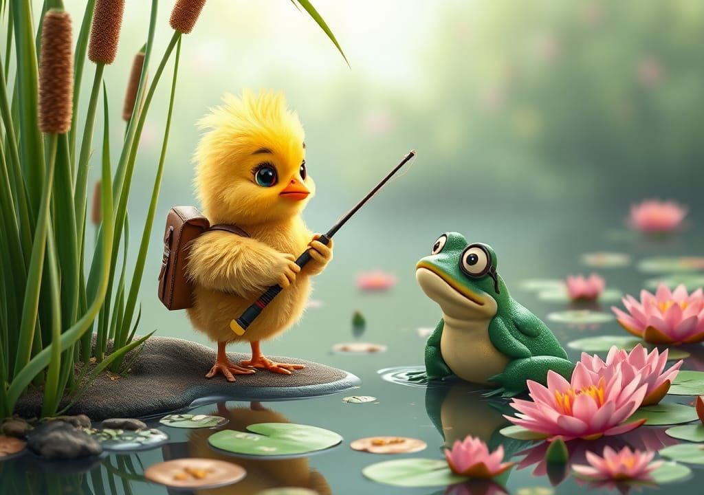 Chick and Frog Chat in Pixar-Style Wonderland