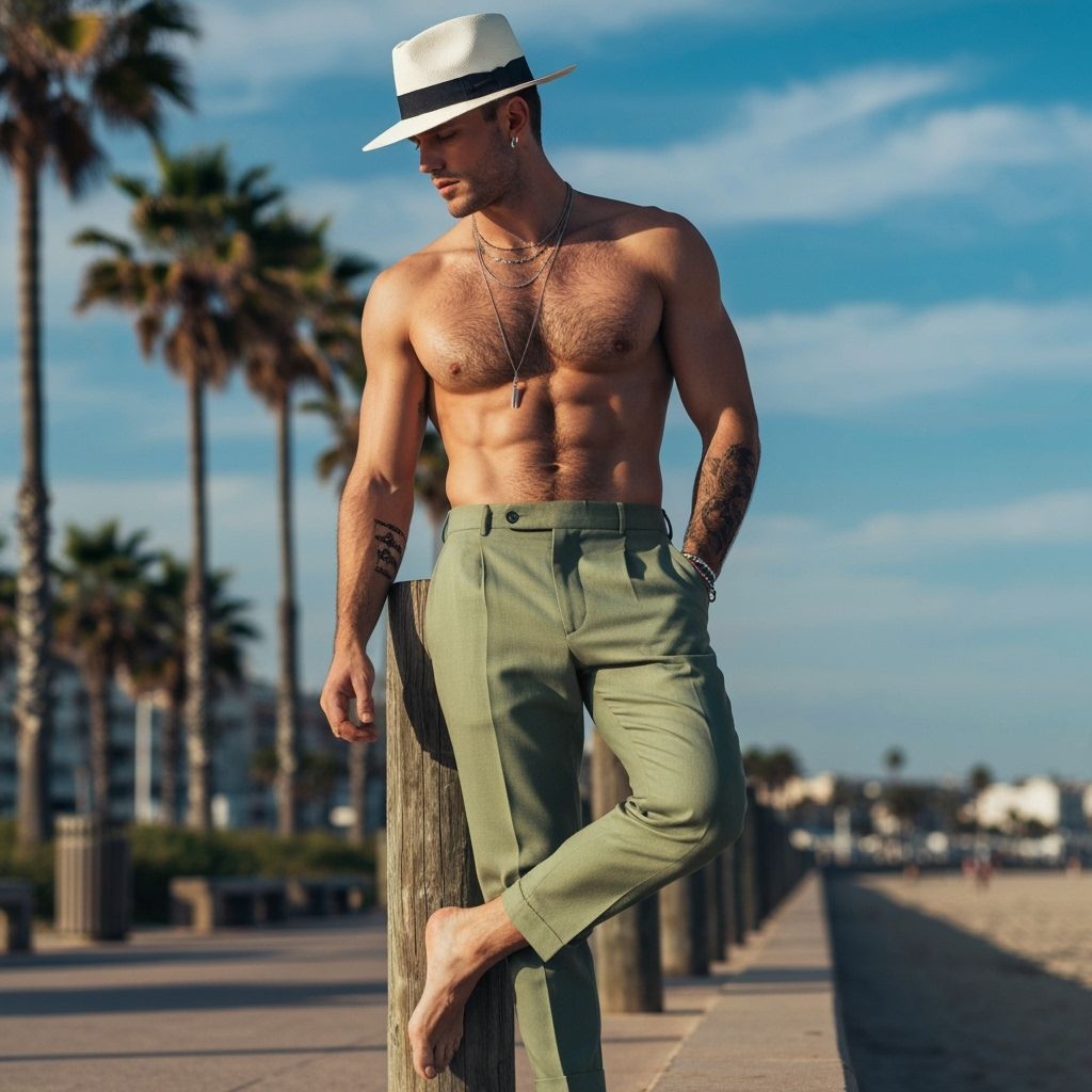 Muscular Man on Beach Promenade in Hyper-Realistic Style
