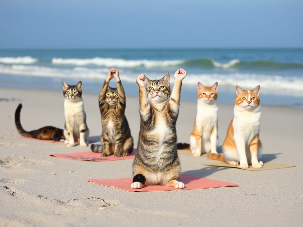 Cats Doing Yoga on the Beach