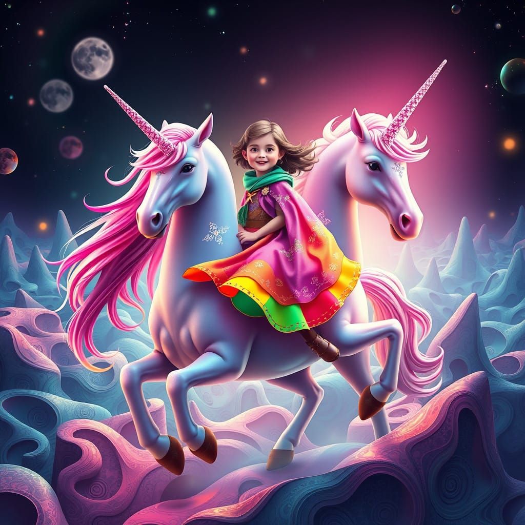 Dreamlike Unicorn Rider in Vibrant, Whimsical Landscape