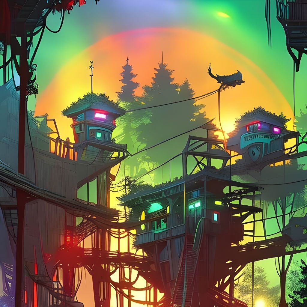 Rainbow Space Owls in Treehouse, Detailed Lineart