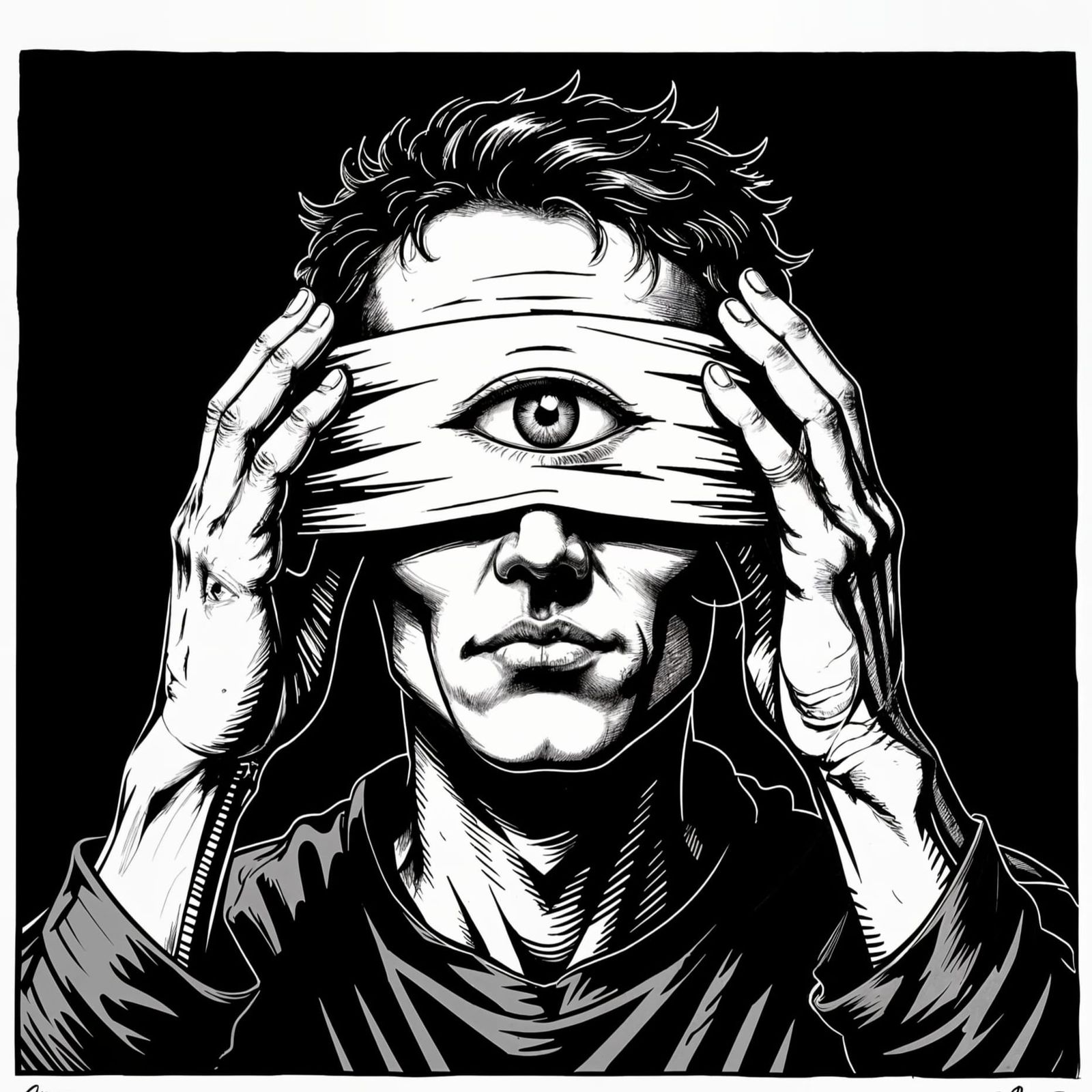 OSR Style Etched Line Portrait of a Blindfolded Seer