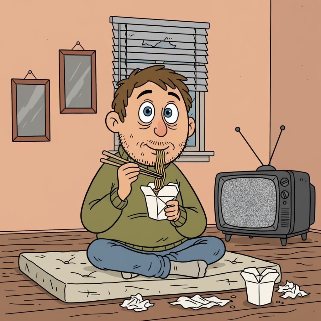 Lovable Everyman Eating Noodles in 1960s Cartoon Style