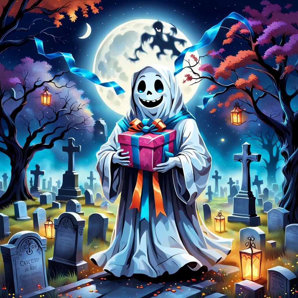 Friendly Ghost Offers Gift in Anime Style Cemetery