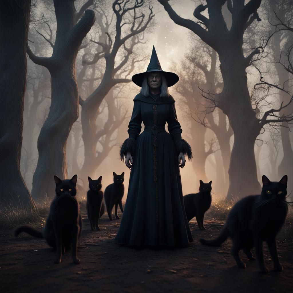 Creepy Two-Headed Witch with Black Cats
