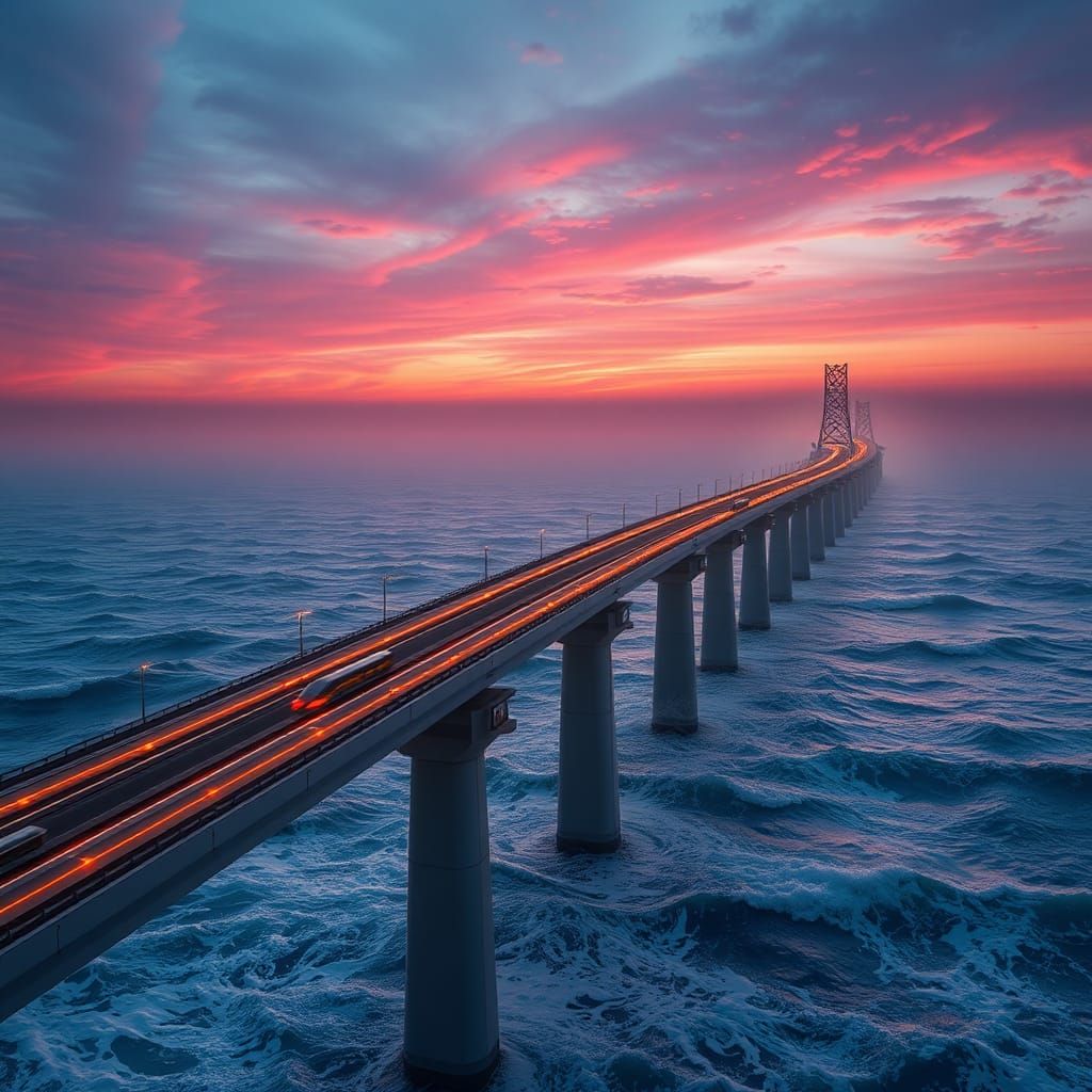 Futuristic Causeway Over Turbulent Ocean at Sunset