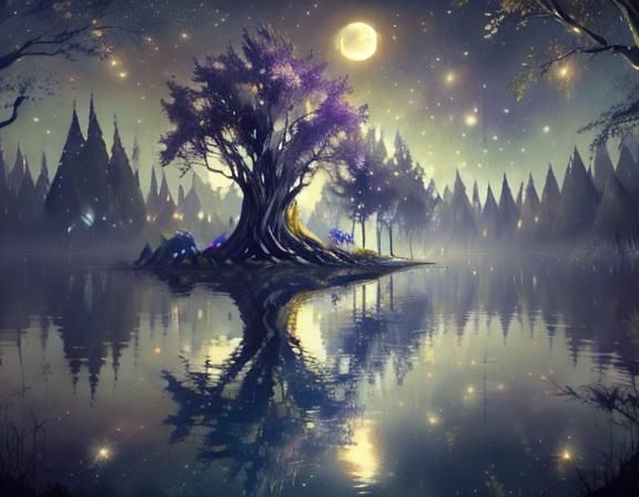 Enchanted Moonlit Forest with Silver Bark Trees