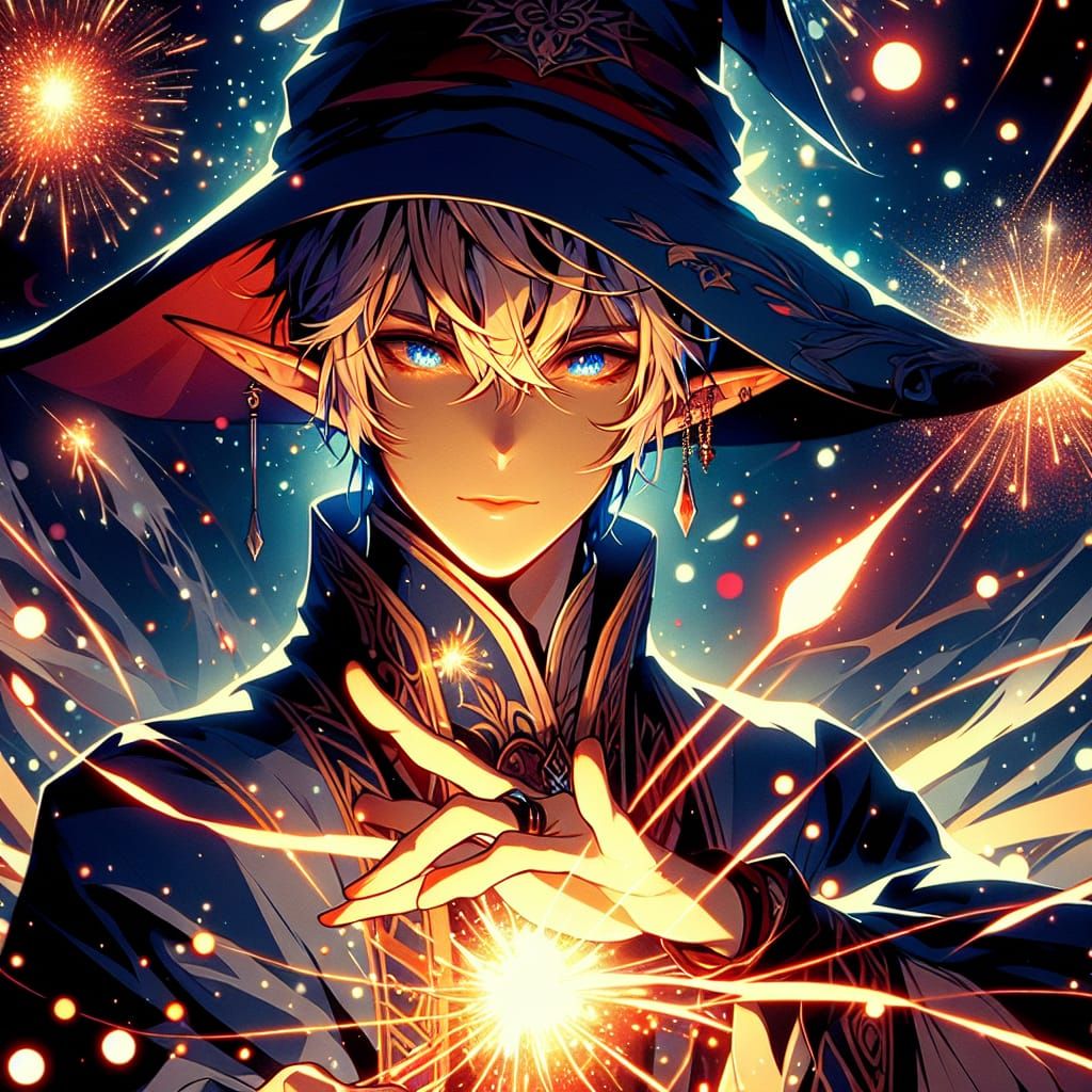Elf Mage Conjuring Fireworks in Manga Style