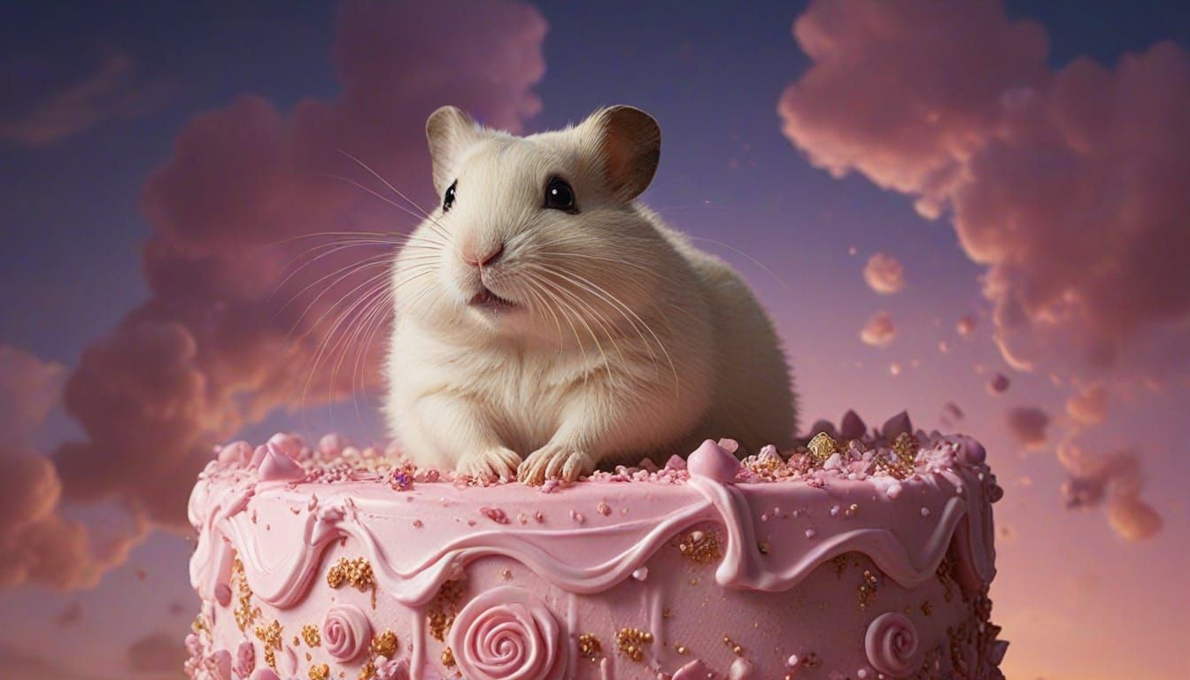 Vibrant Surreal Cake Scene in Dreamlike Golden Light