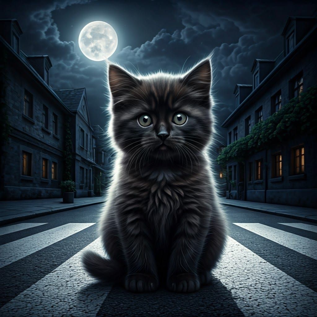 Adorable Black Kitten Under Moonlight on Dark Street