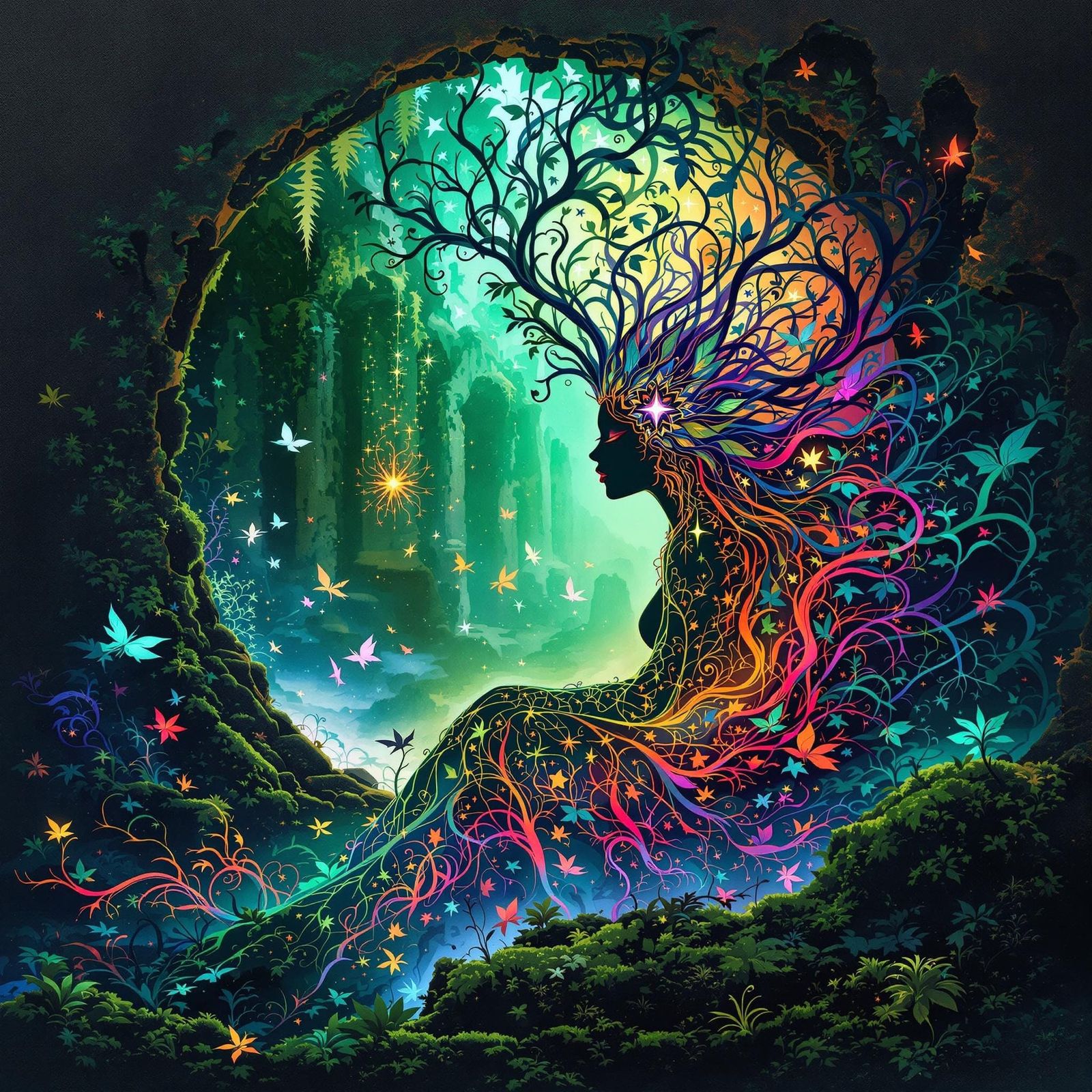 Surreal Goddess of Color Unfolds in Emerald Mist