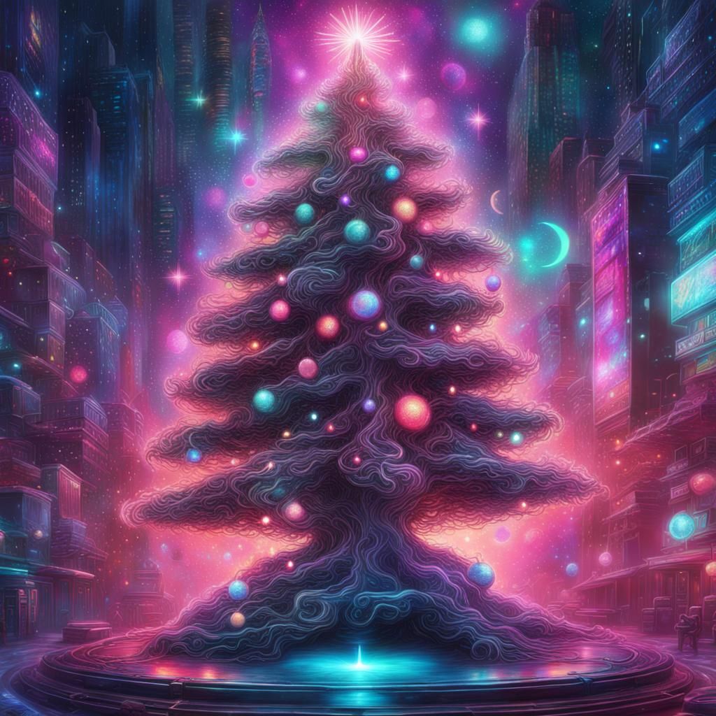 Cyberpunk Christmas Tree: Holographic Astral Illustration