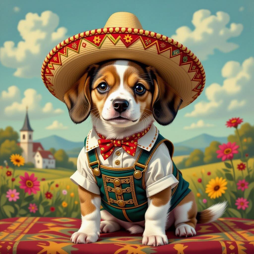 Chiweenie Dog in Lederhosen and Sombrero