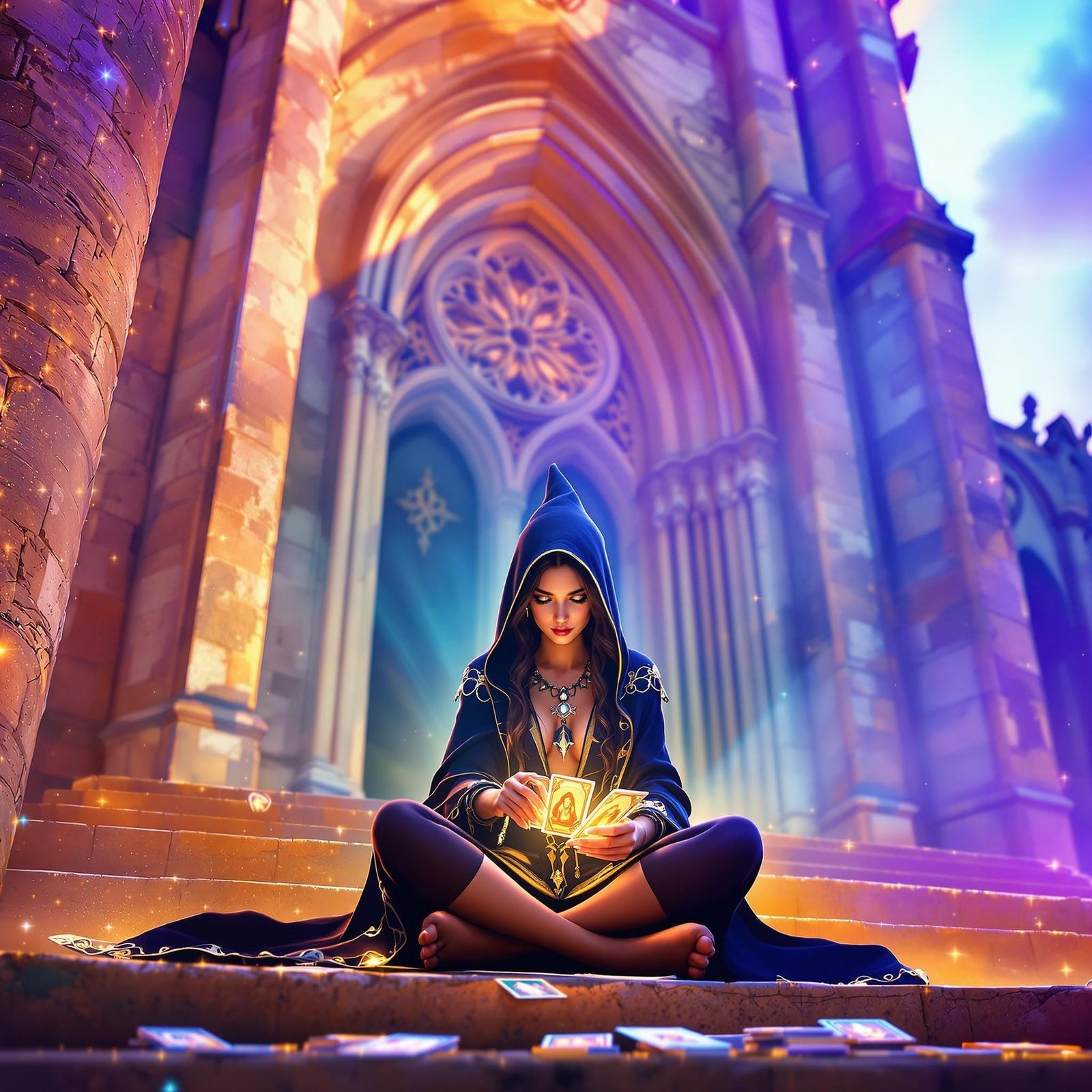Enchanted Witch Studies Tarot Cards in Front of Gothic Churc...