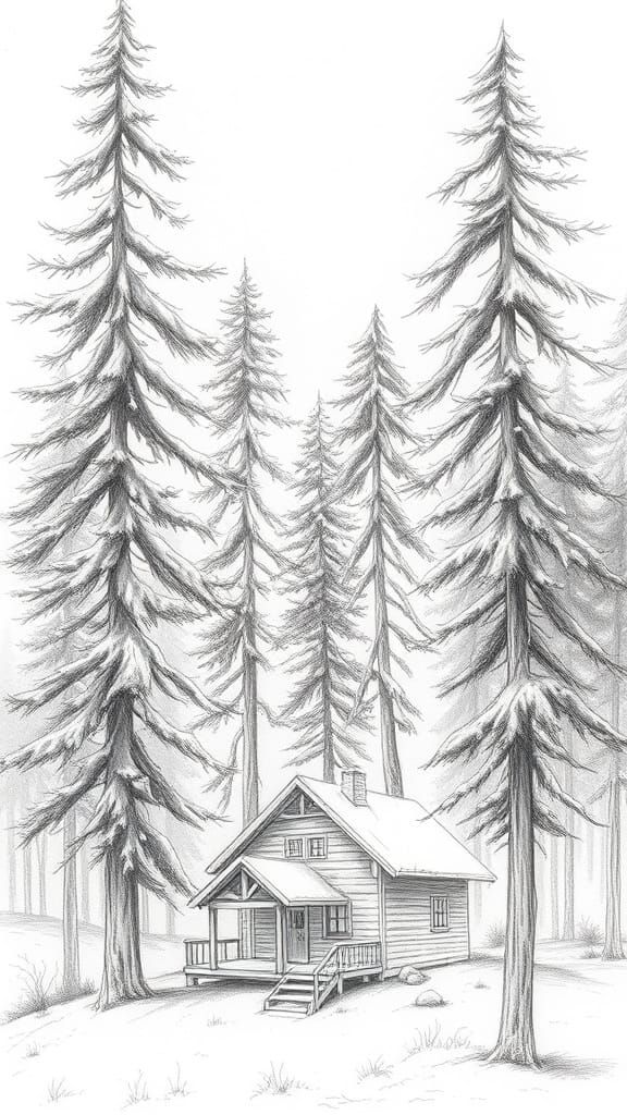 Serene Mountain Cabin in Delicate Pencil Sketch Style