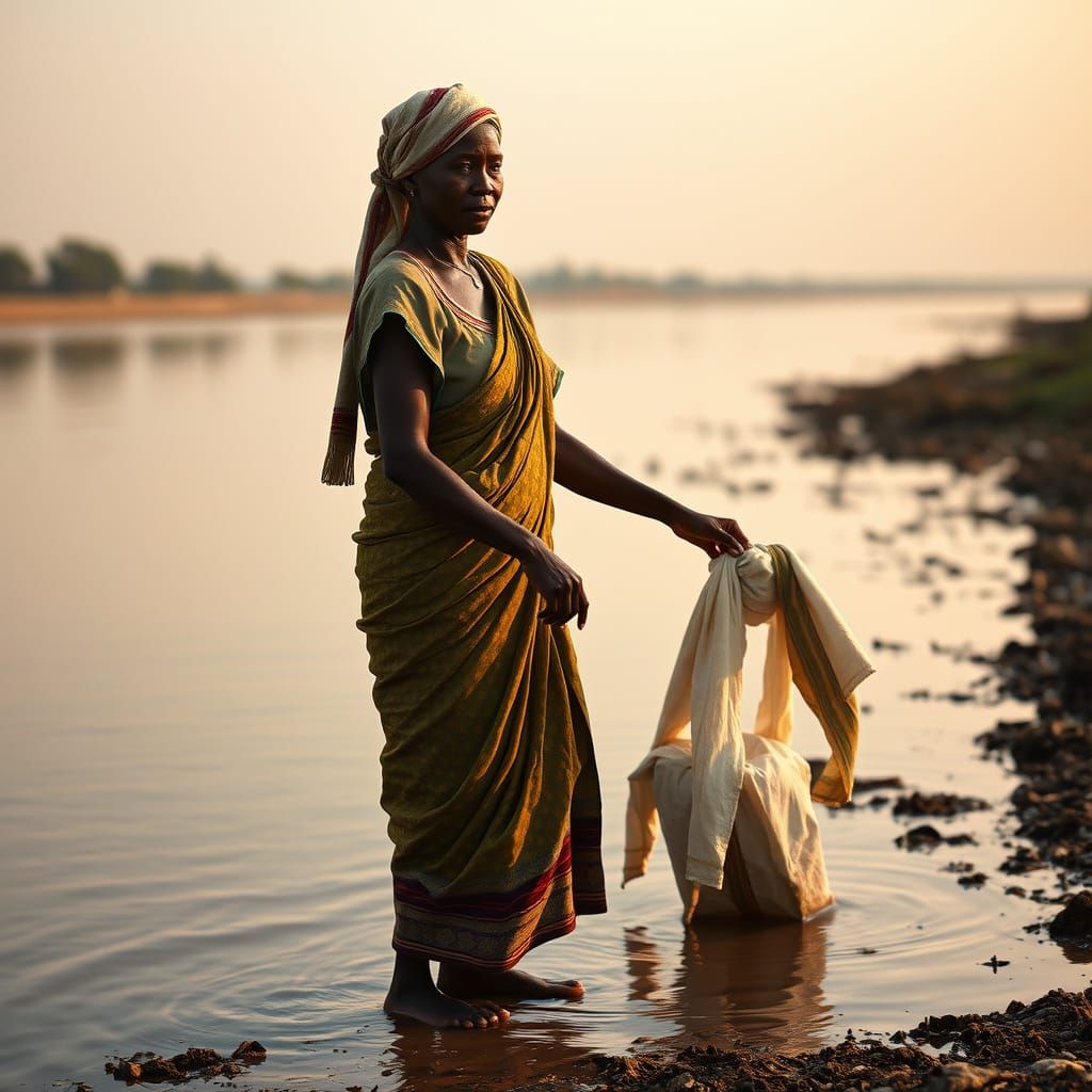 Nigerian Woman Washing Clothes by River, Hyper-Realistic
