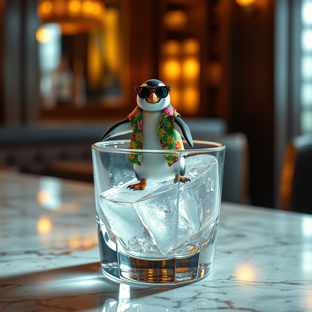 a tiny penguin surfing on a melting ultratealistic detailed ice cube