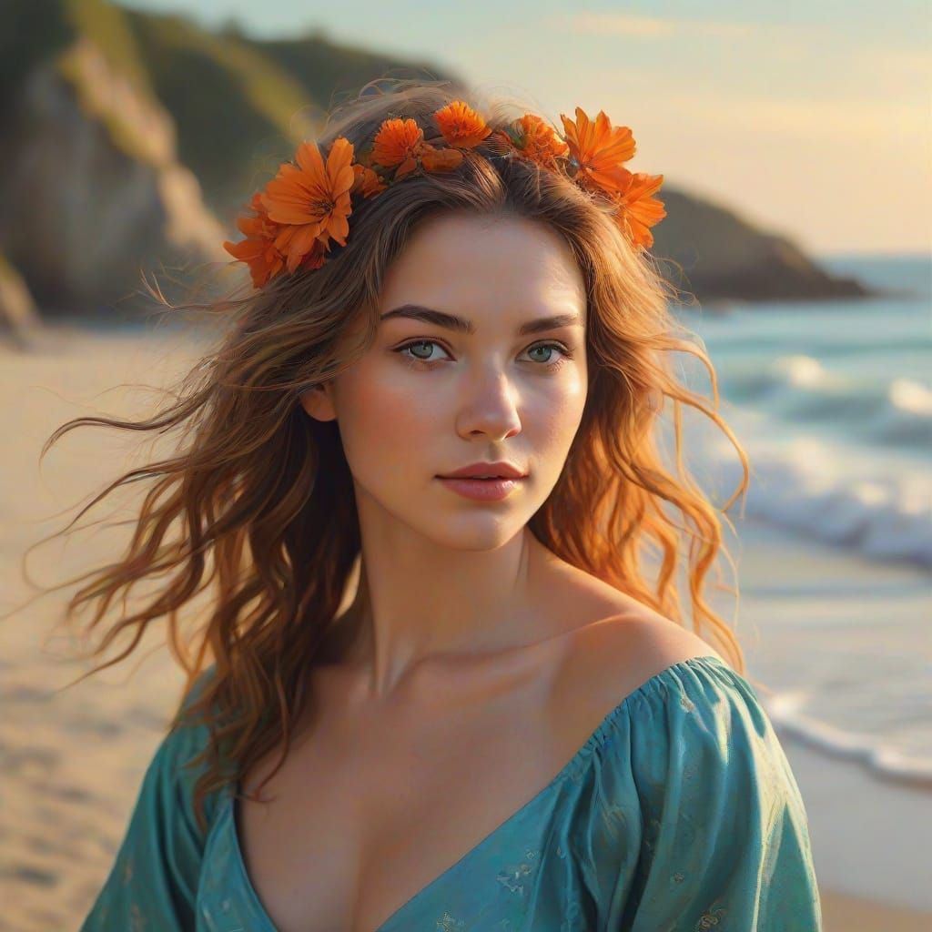 Woman with Flowers on Beach in Oil Painting Style