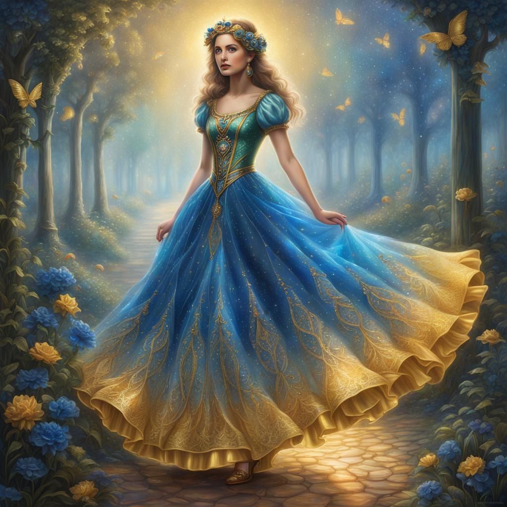 Woman in Blue and Gold Dress, Fairycore Fantasy Art